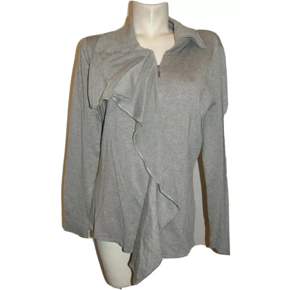 New Coletane Sweater Women's Size L Grey Ruffle Front Full Zip LS Cardigan Fancy - Picture 1 of 5